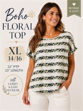 Per Una Weekend Floral Stripe Top XL 14 16 Cream Navy Boho Casual Tee m